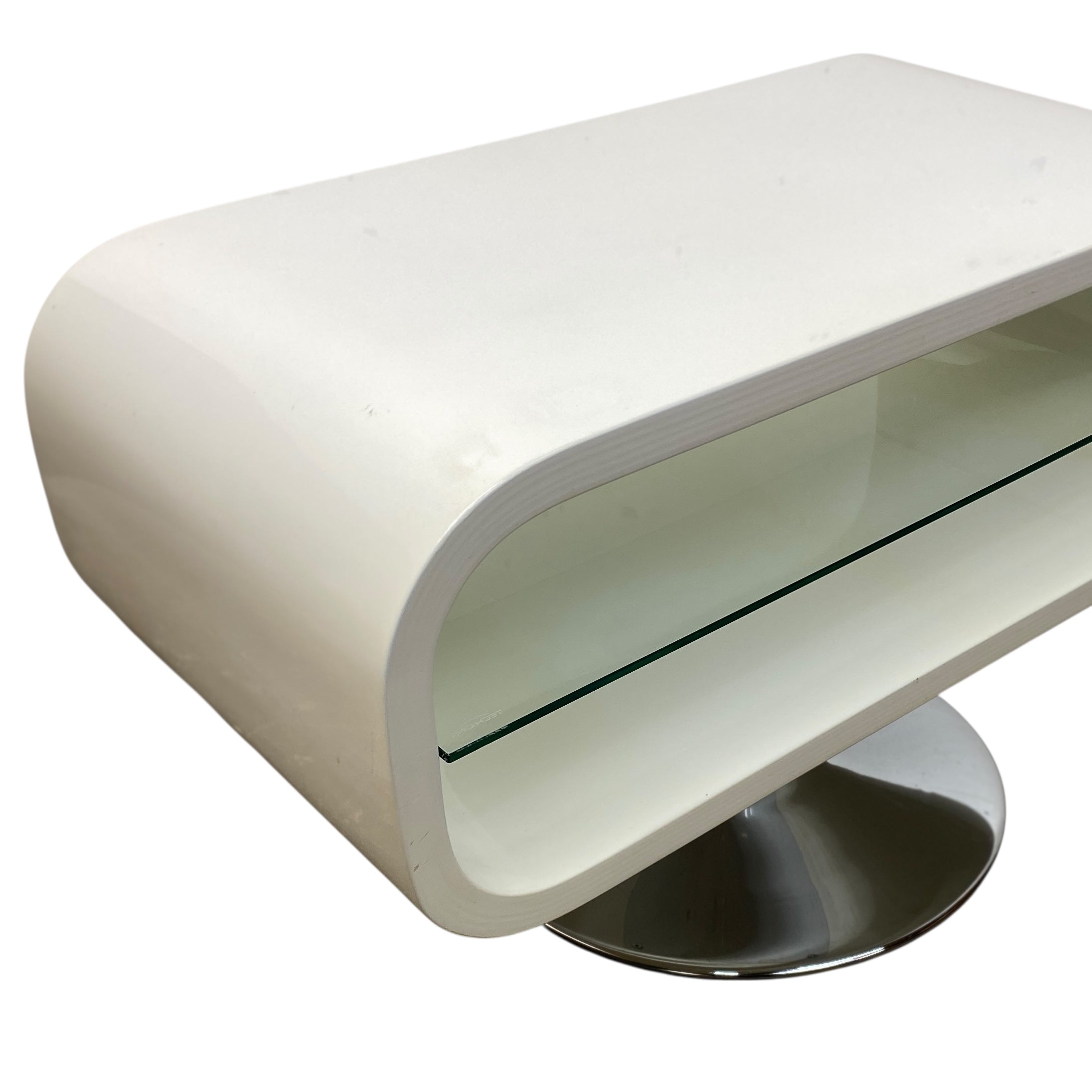 Modern white console table with glass top on a white background