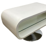 Load image into Gallery viewer, Modern white console table with glass top on a white background
