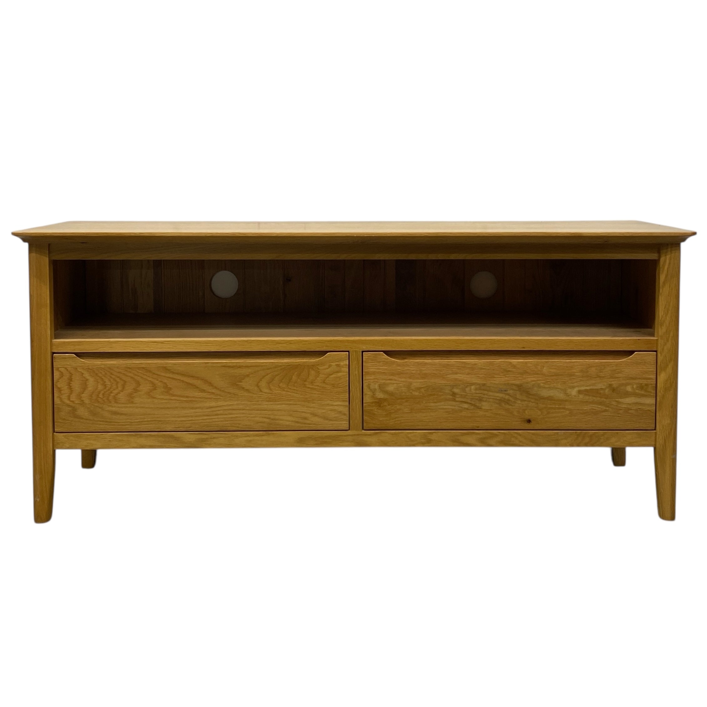 Wooden TV stand with two drawers on a white background