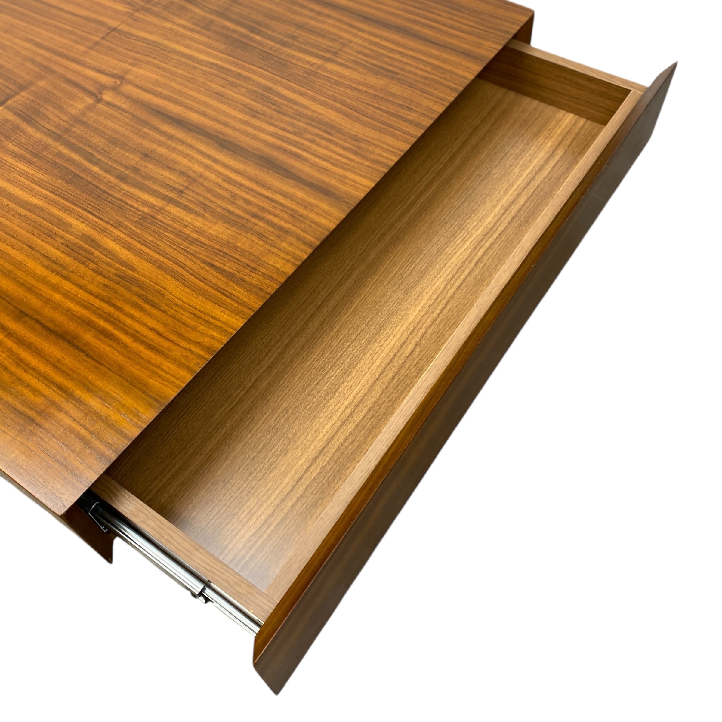 Wooden coffee table with an open drawer on a white background