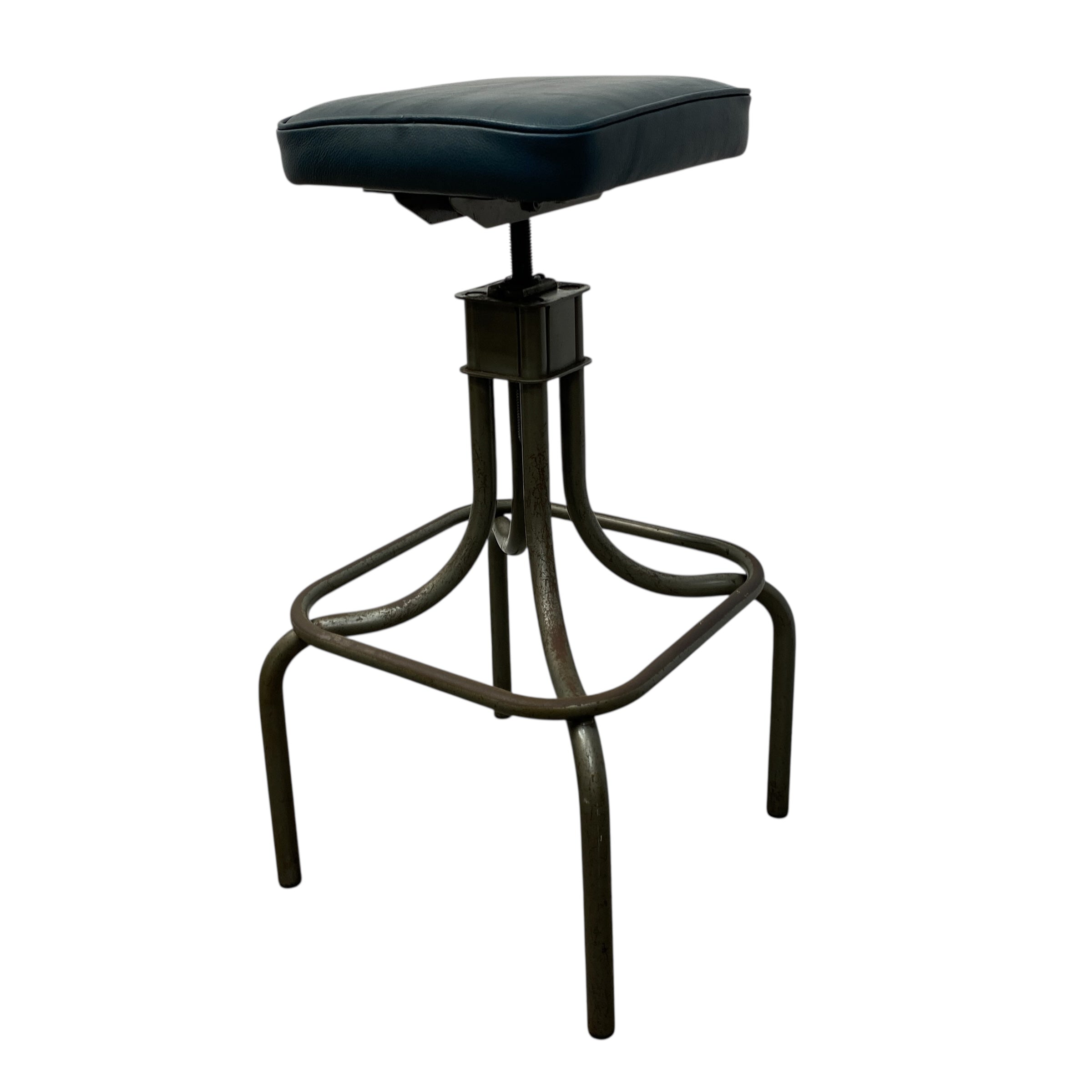 Bar stool with black cushioned seat and metal frame on a white background