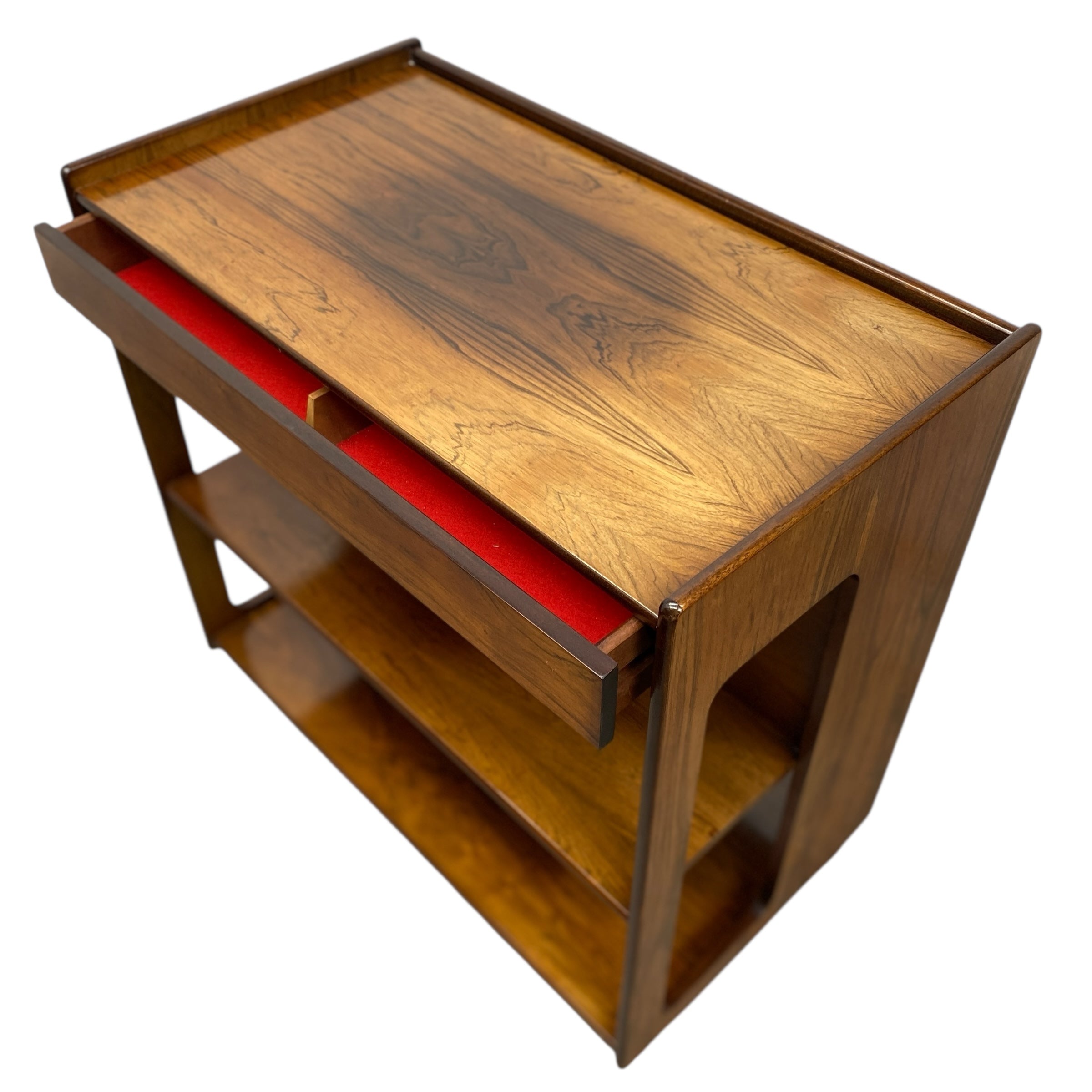 drinks trolley with open drawer lined with red velvet