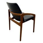 Load image into Gallery viewer, Chair with black leather seat and backrest on a wooden frame against a white background
