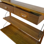 Load image into Gallery viewer, Wooden console table with drawers and shelves on a white background
