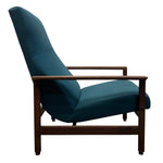 Load image into Gallery viewer, Blue armchair with wooden frame on a white background
