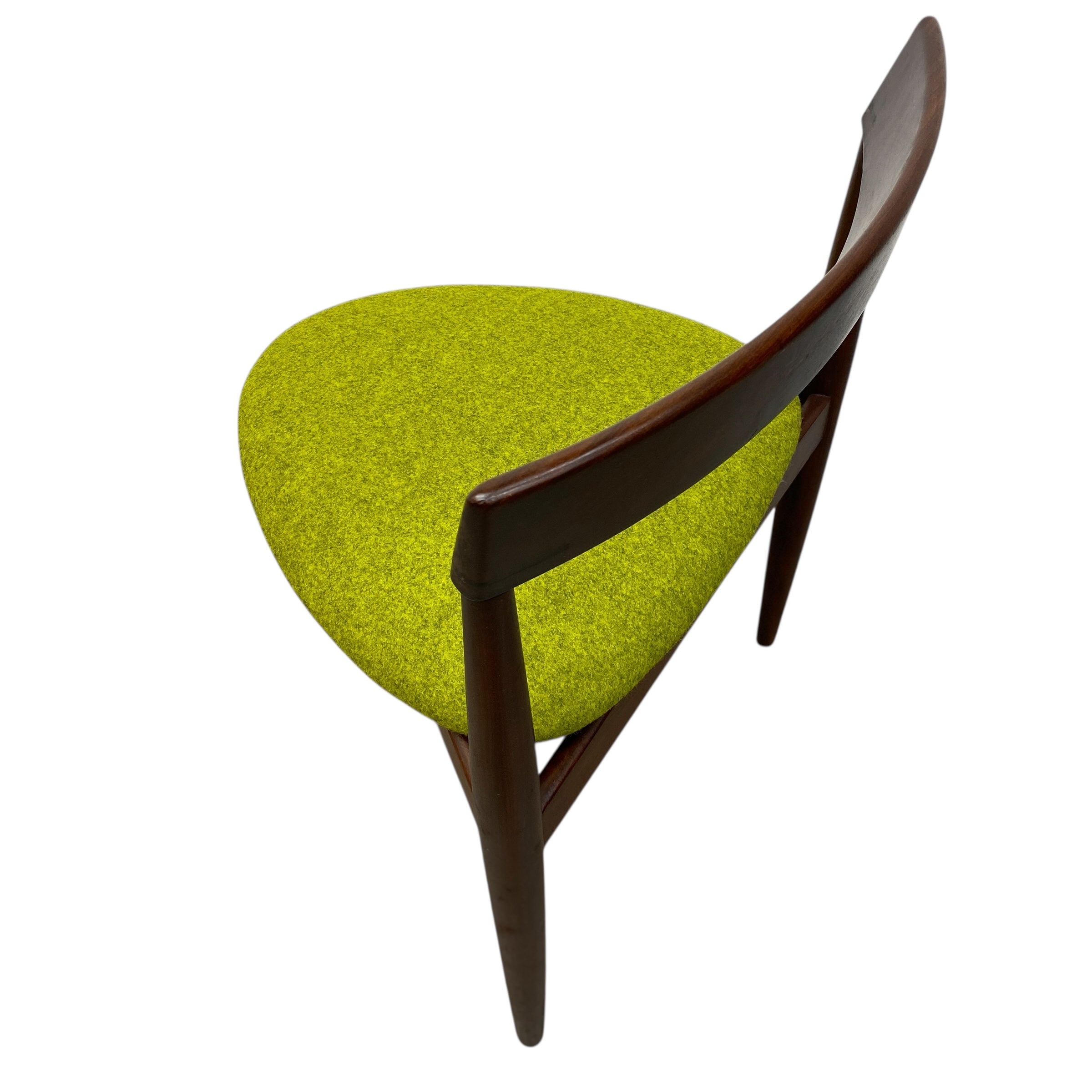 Chair with green seat and brown wooden frame on a white background