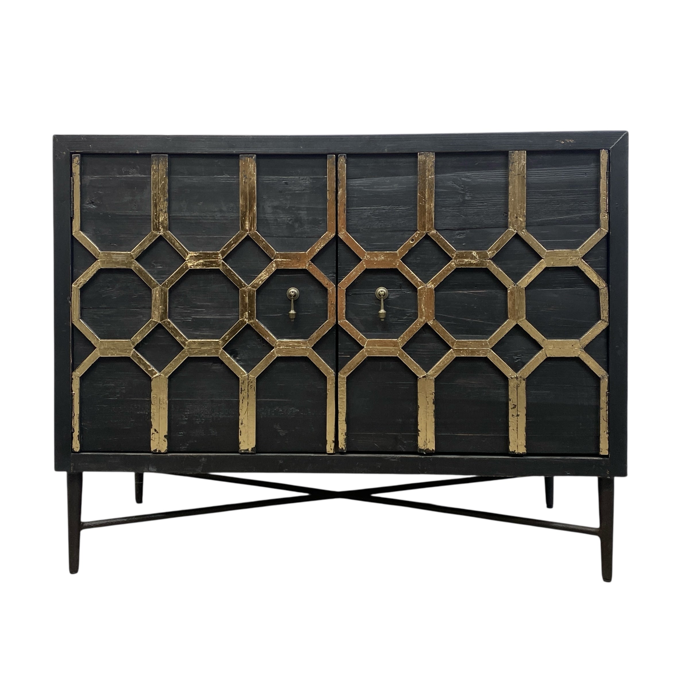 Black cabinet with geometric gold patterns on a white background