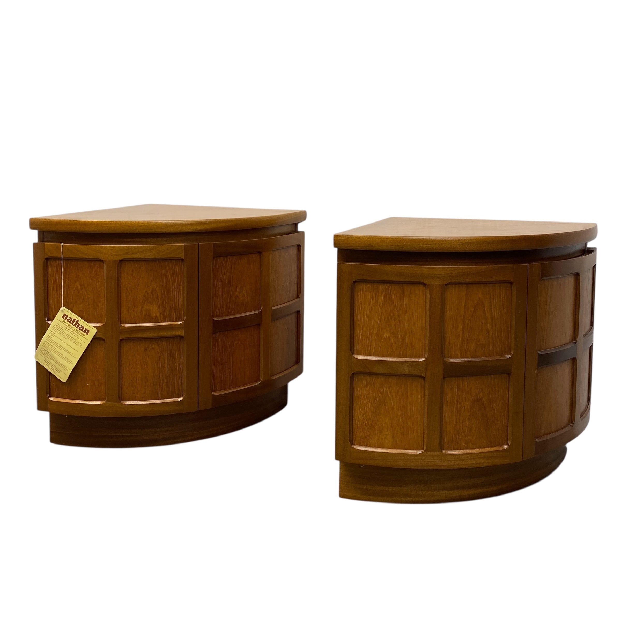 Two wooden corner cabinets with a visible brand tag on a white background