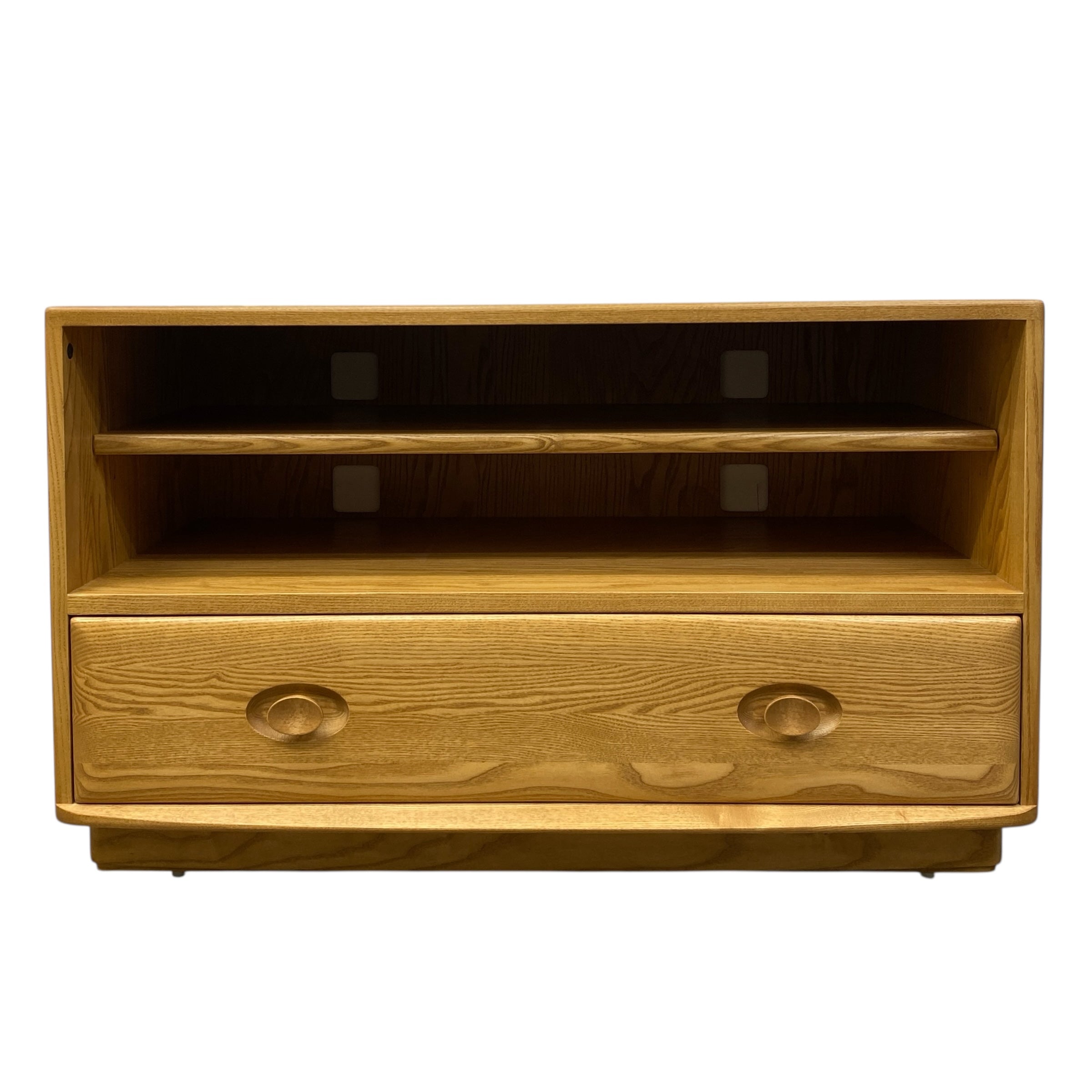 Wooden TV stand with a single drawer on a white background