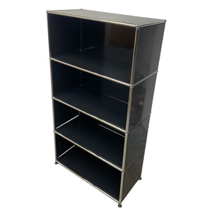 Black metal bookshelf with THREE shelves on a white background