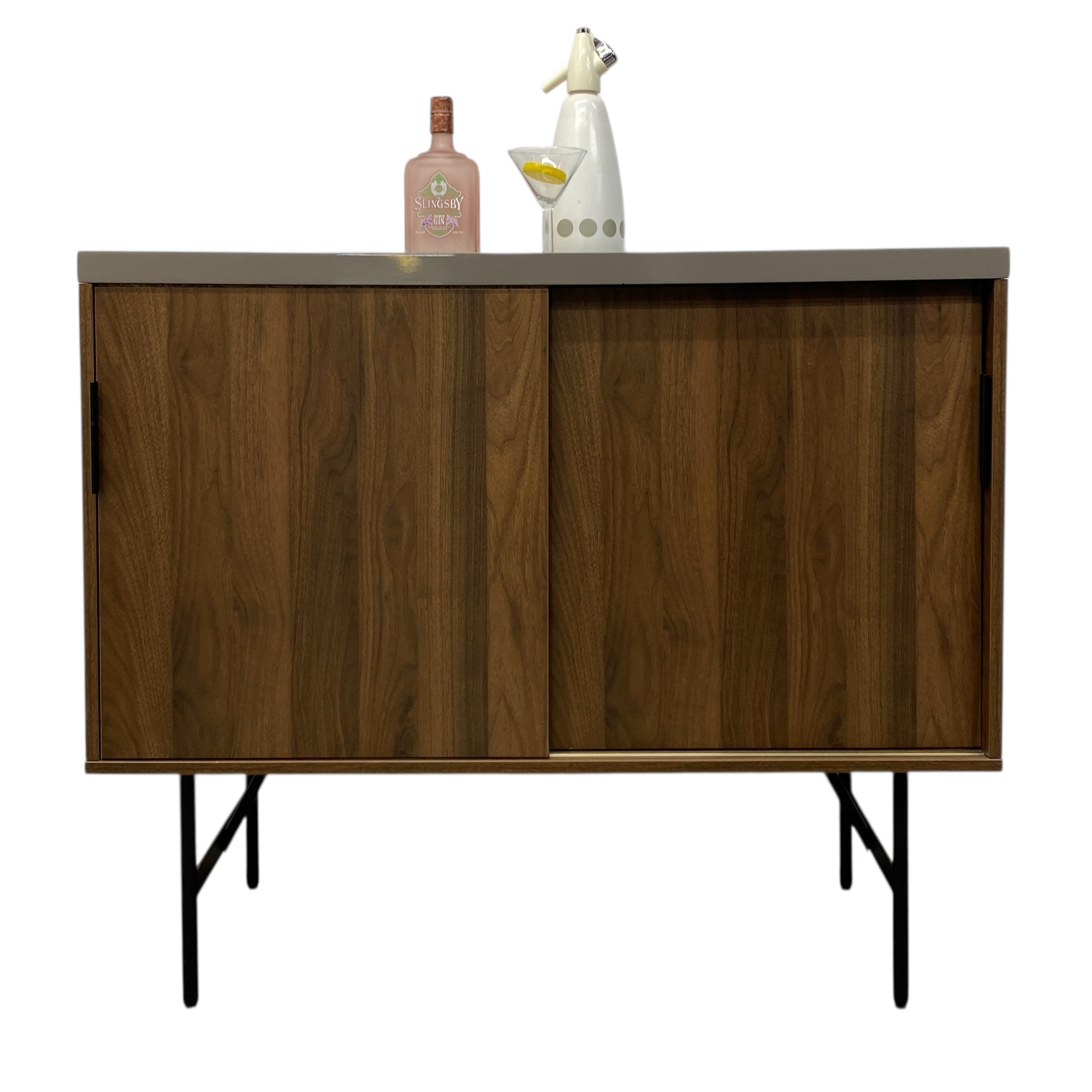 Wooden cabinet with a gray countertop on a white background