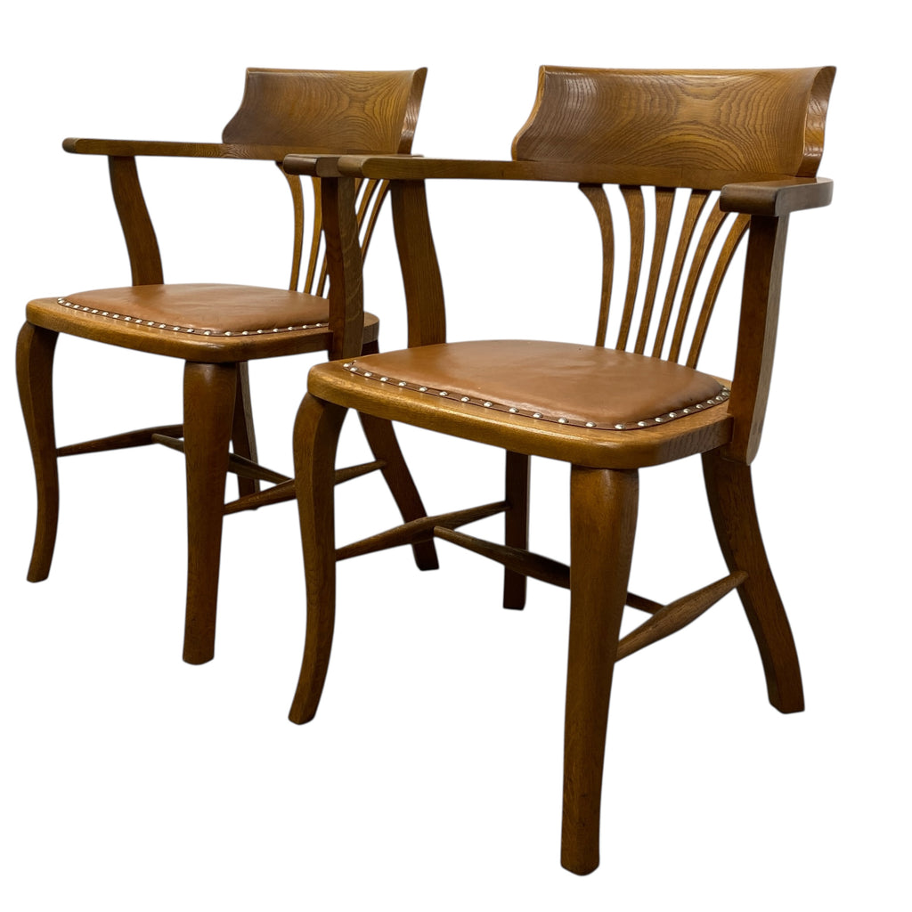 Antique Elbow Chair Oak Leather PAIR