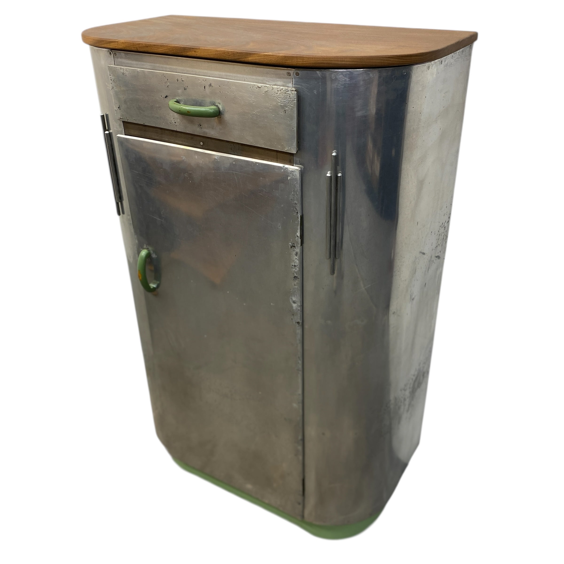 Metal cabinet with wooden top on a white background