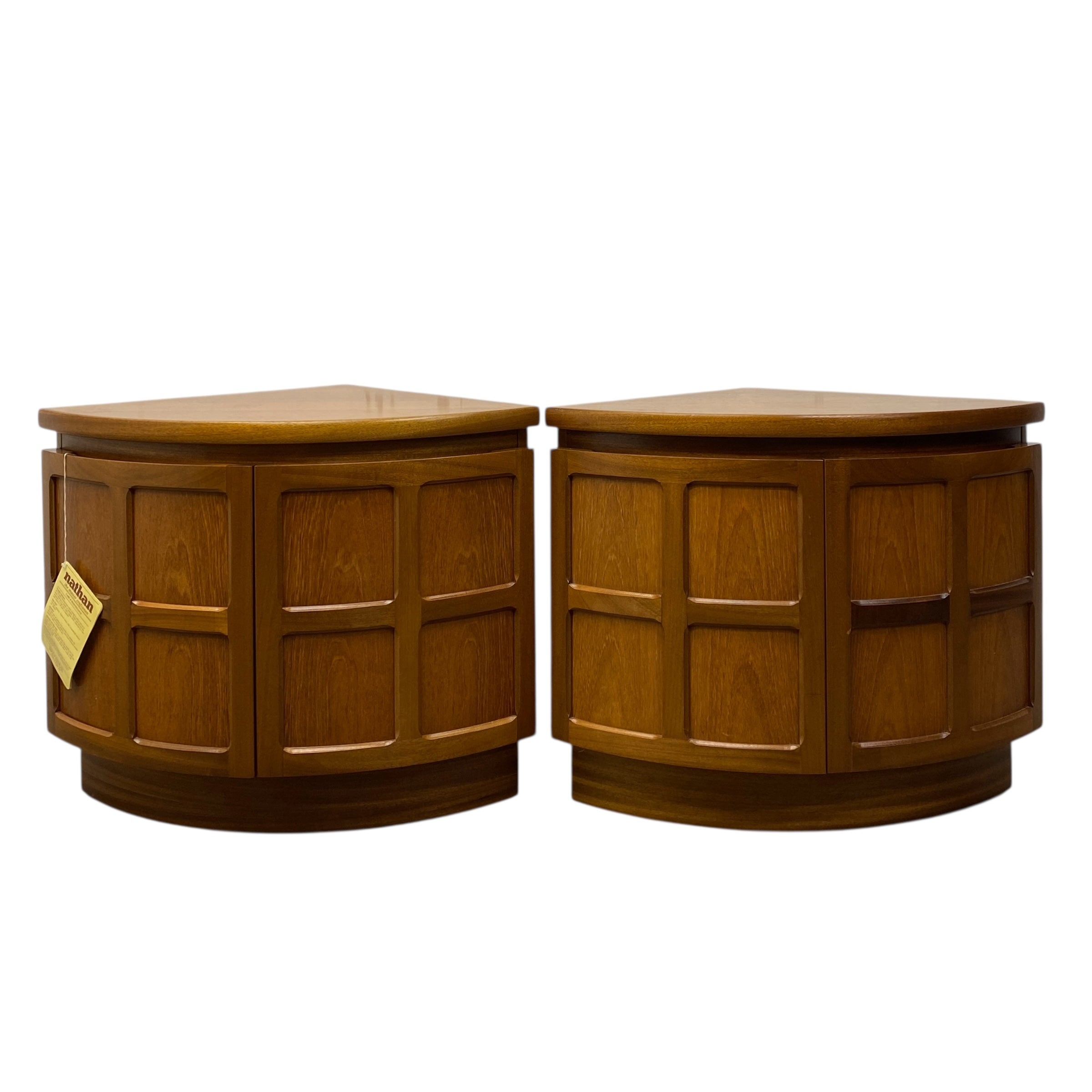 Two wooden side tables with a white background