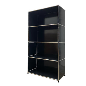 Black metal shelving unit with THREE shelves on a white background