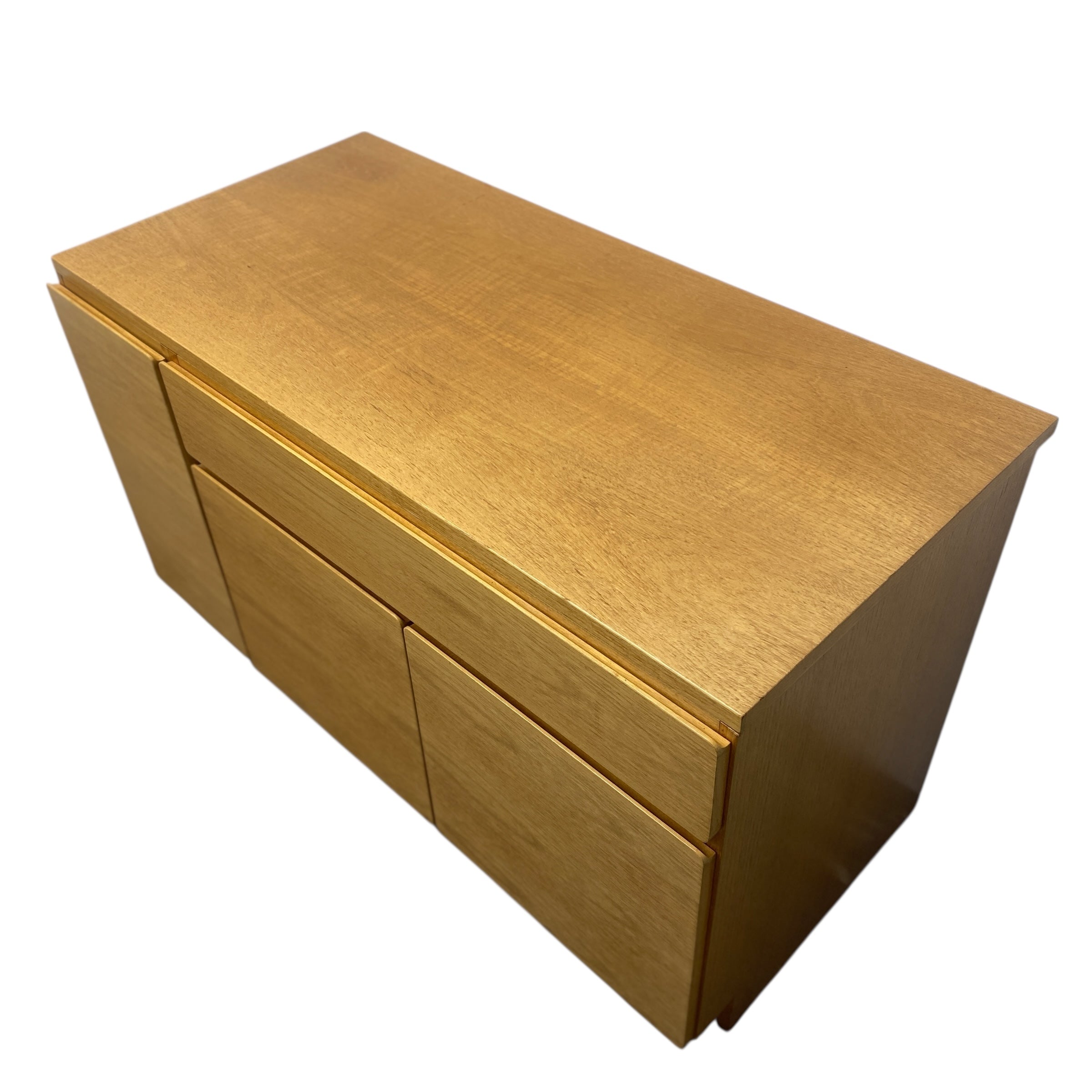 Wooden sideboard with two doors on a white background
