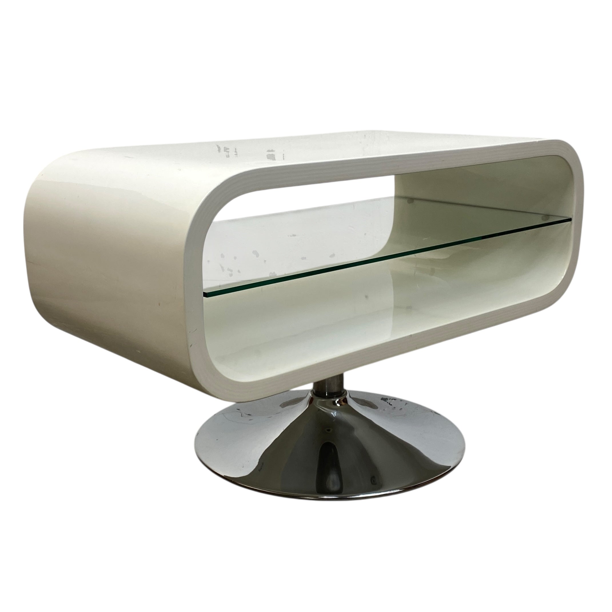 Modern side table with curved design and glass shelf on a white background