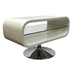 Load image into Gallery viewer, Modern side table with curved design and glass shelf on a white background
