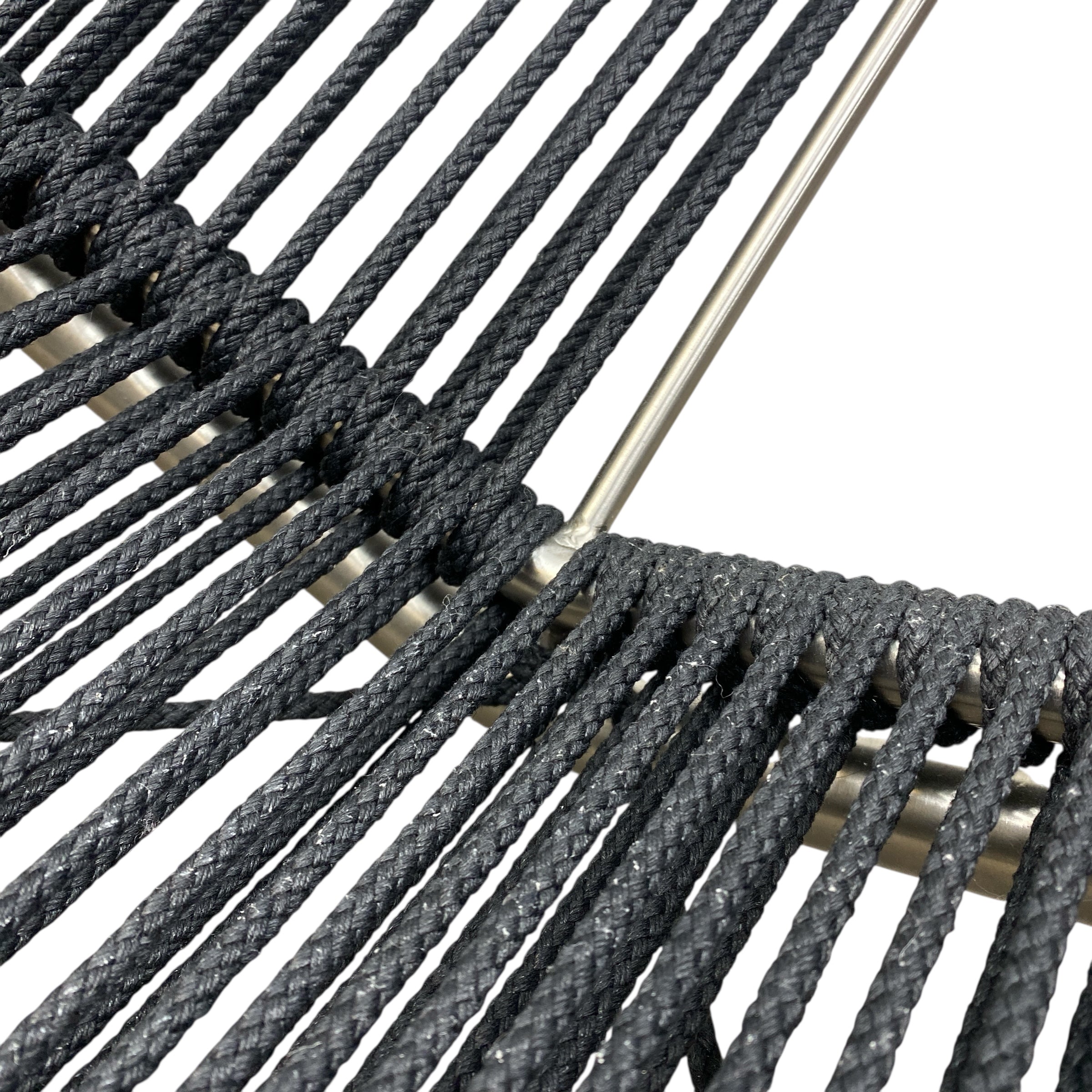 Close-up of a gray woven chair with metal frame on a white background