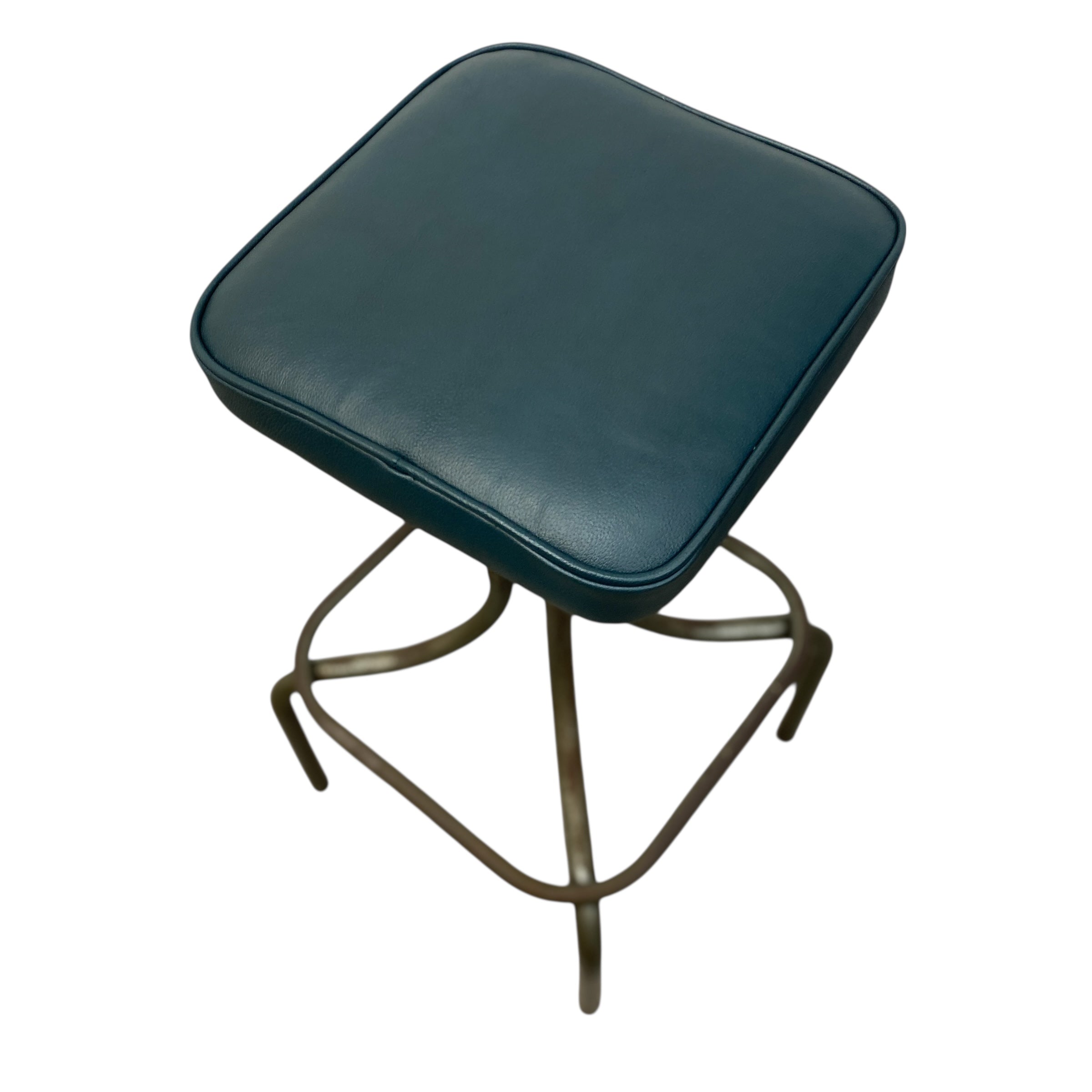 Bar stool with green cushioned seat and metal frame on a white background