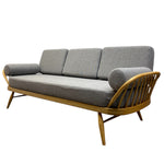 Load image into Gallery viewer, Gray sofa with wooden frame on a white background
