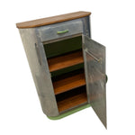 Load image into Gallery viewer, Metal cabinet with wooden top and shelves on a white background
