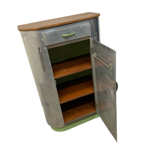 Metal cabinet with wooden top and shelves on a white background