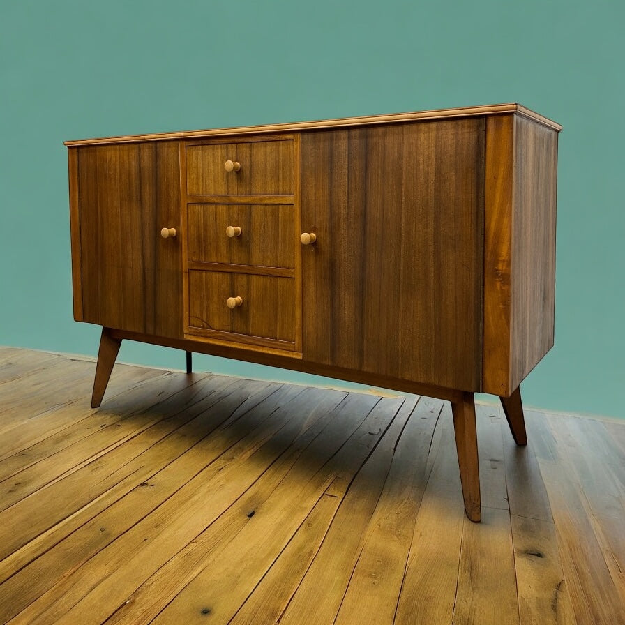 Wooden Floor Blue Walls Sideboard Morris Of Glasgow Walnut 1950s
