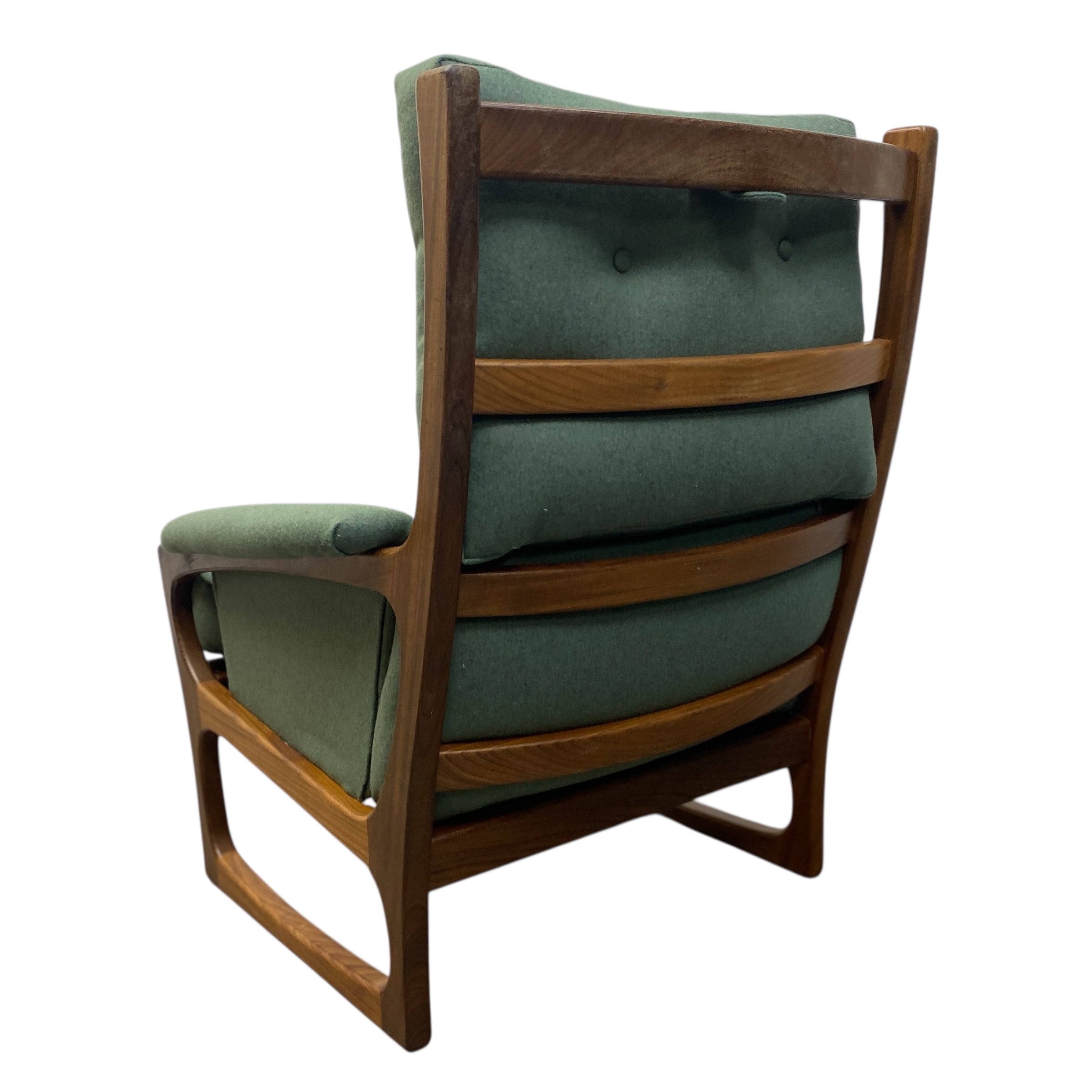 Chair with green cushions and wooden frame SLATTED on a white background