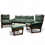 Load image into Gallery viewer, Green sofa set with wooden frames on a white background
