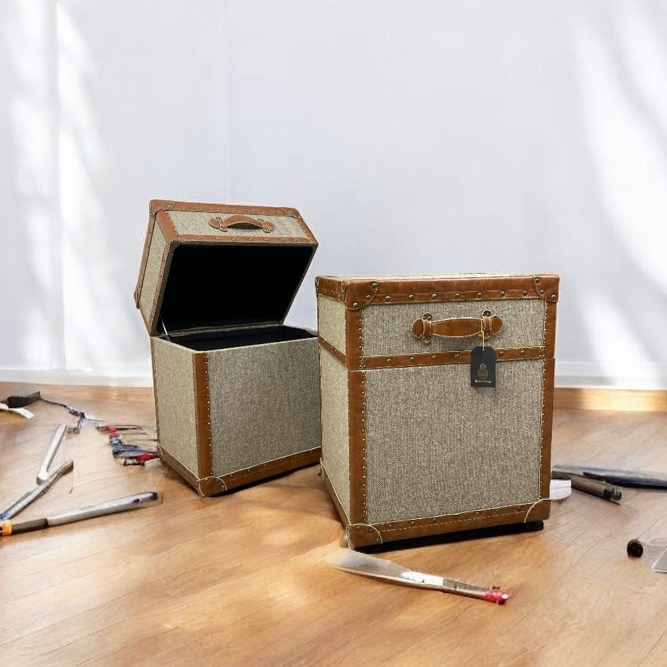 Storage boxes with items on the floor