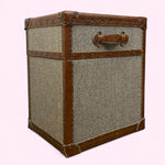 Load image into Gallery viewer, Vintage-style trunk with brown leather accents on a white background
