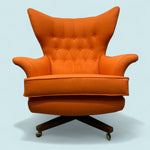 Load image into Gallery viewer, Orange armchair with tufted backrest on a light blue background
