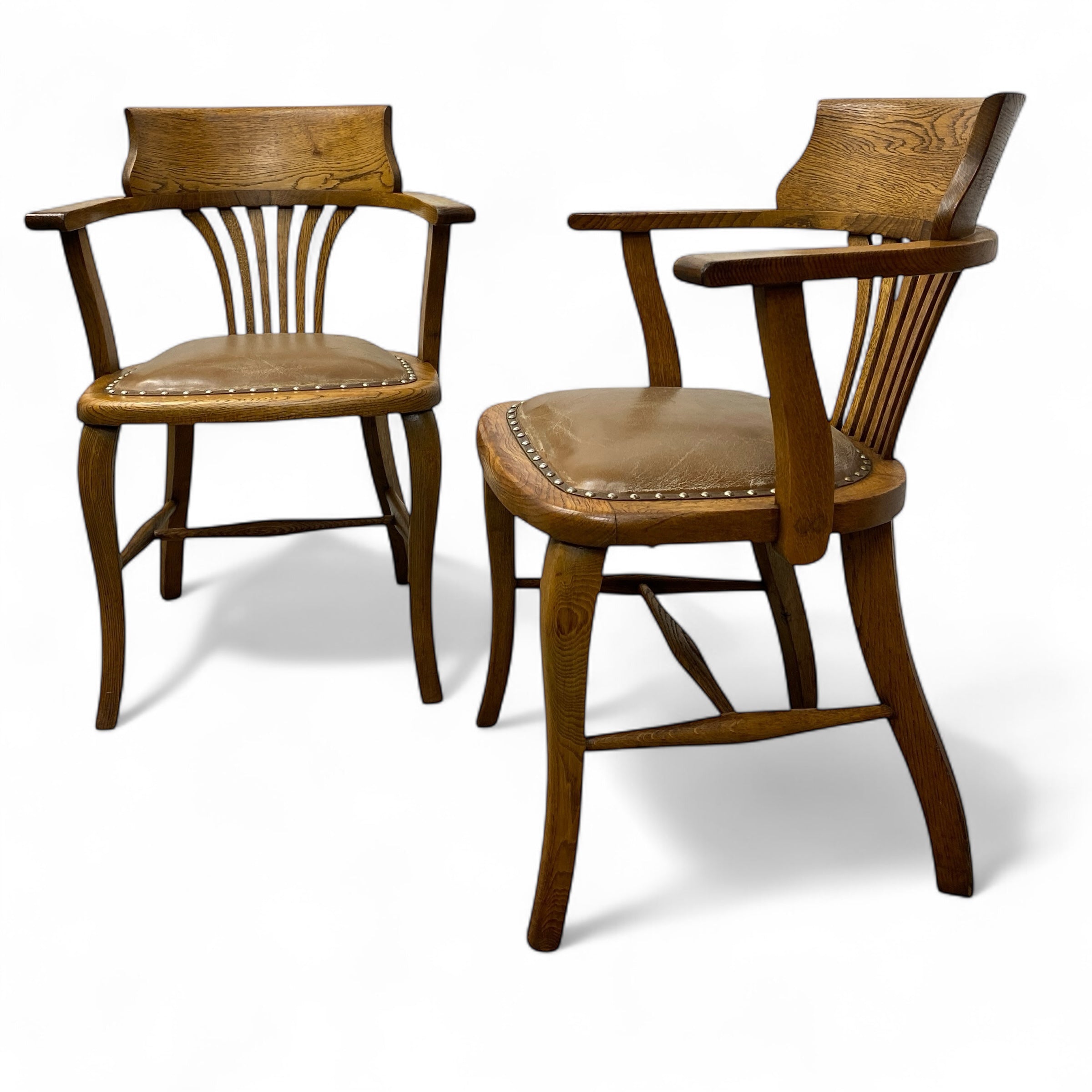 Antique Elbow Chair Oak Leather PAIR