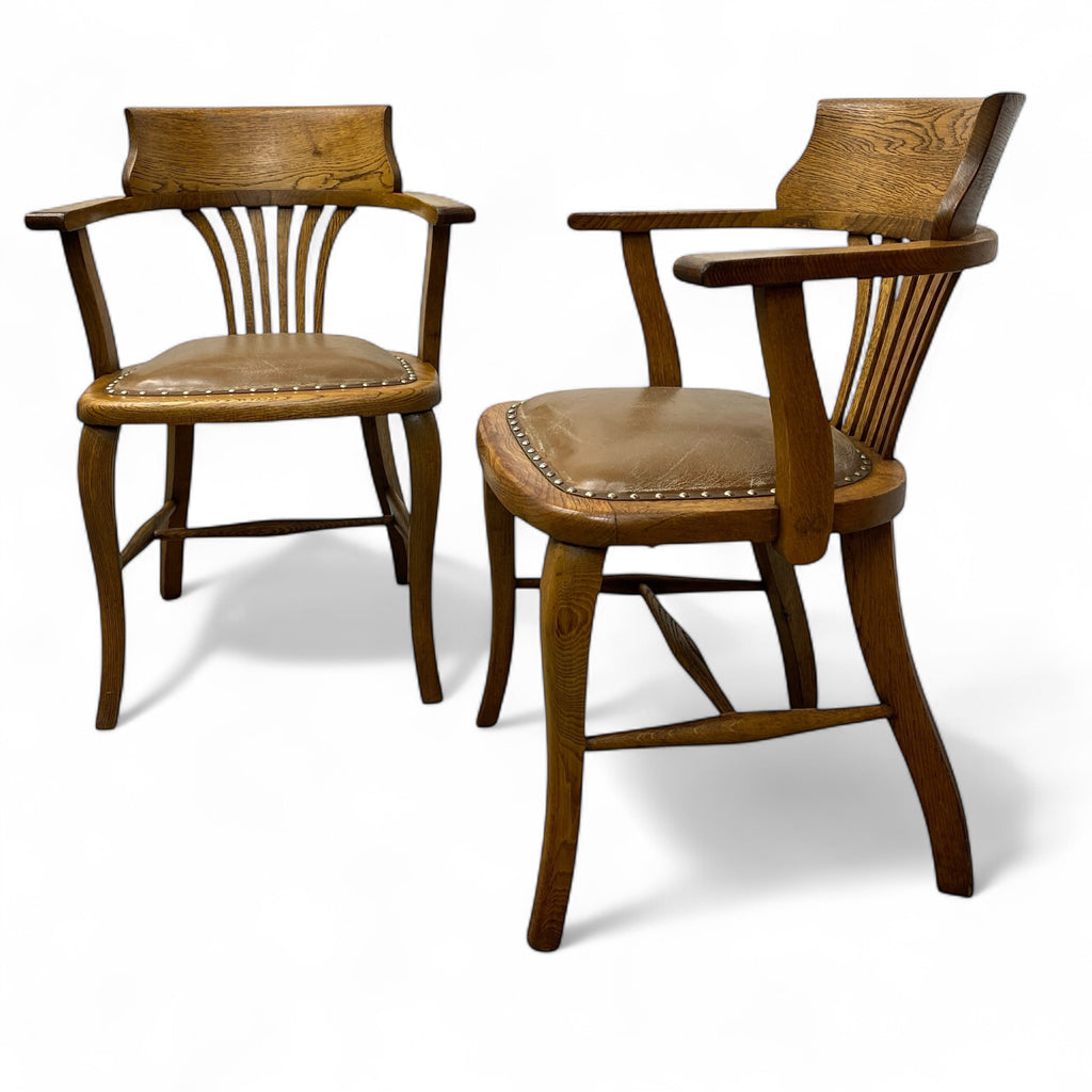 Antique Elbow Chair Oak Leather PAIR