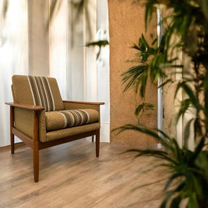 Brown armchair with striped cushions in a room with wooden floor and plant