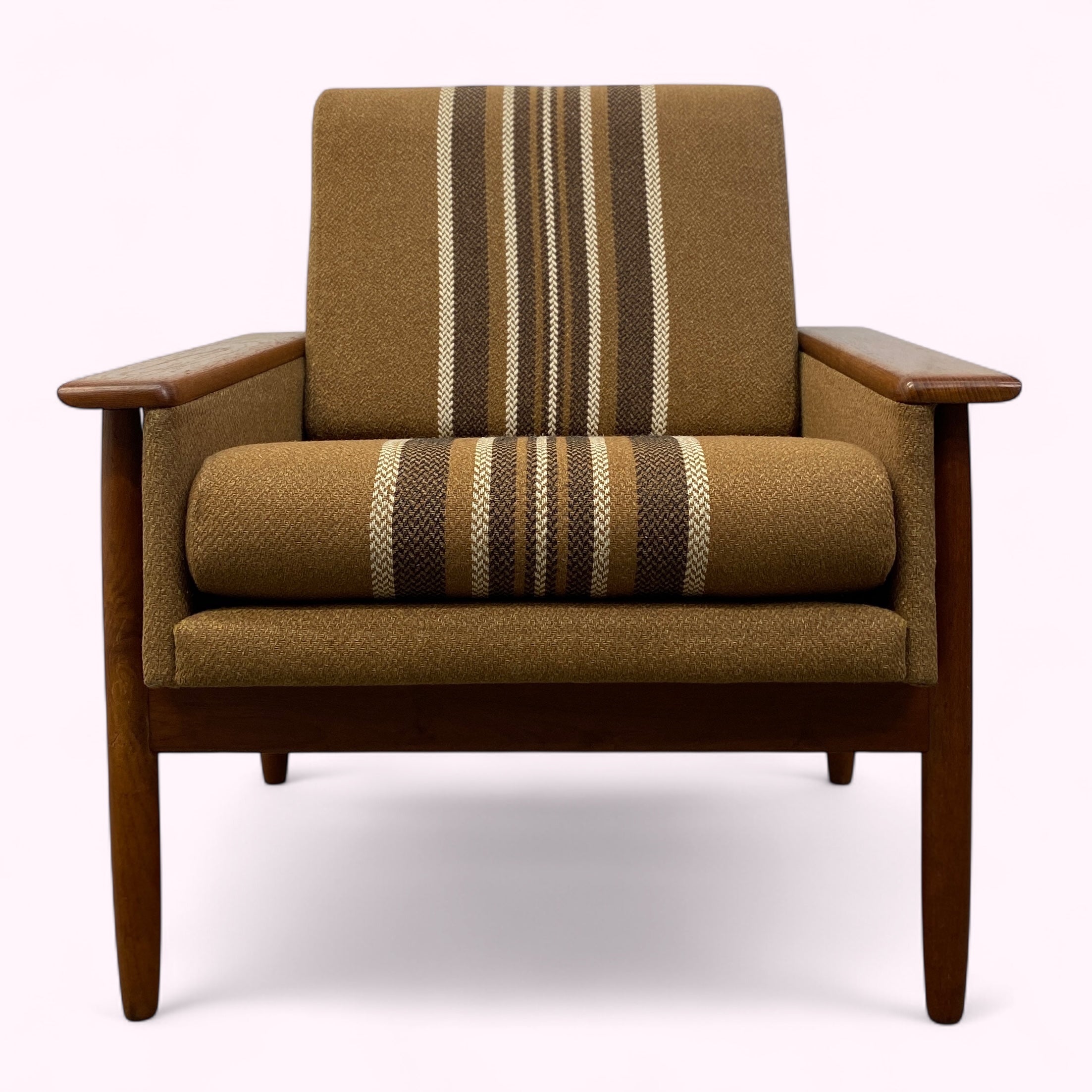 Brown armchair with striped pattern on a white background