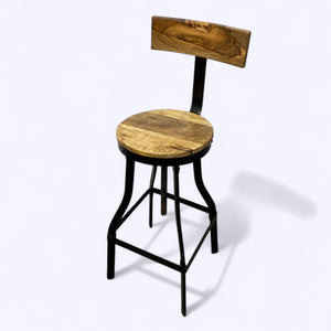Wooden bar stool with black metal frame on a white background