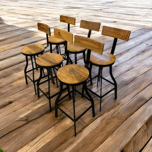 Set of wooden stools with metal legs on a wooden floor