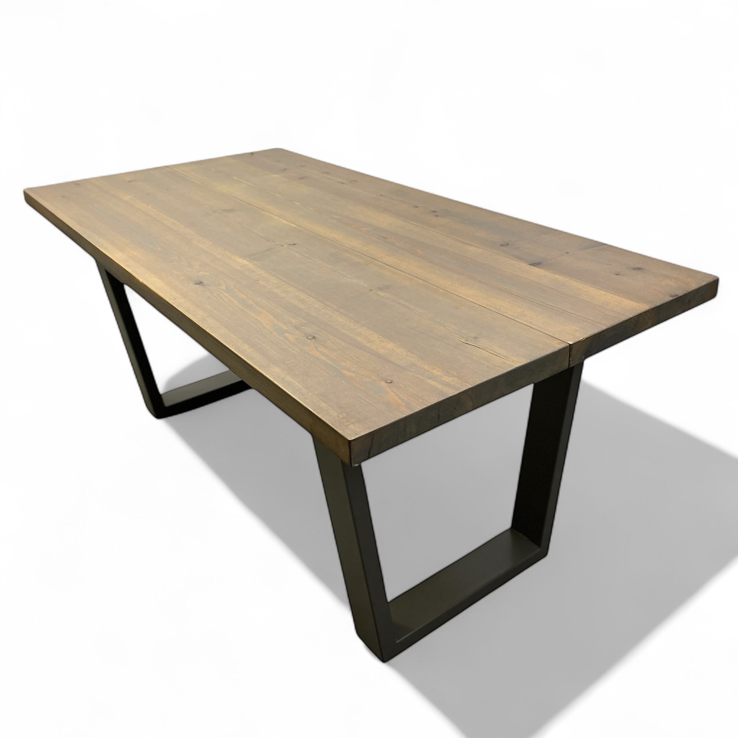 Wooden table with GREY  metal legs on a white background