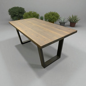 Wooden table with GREY metal legs on a gray background