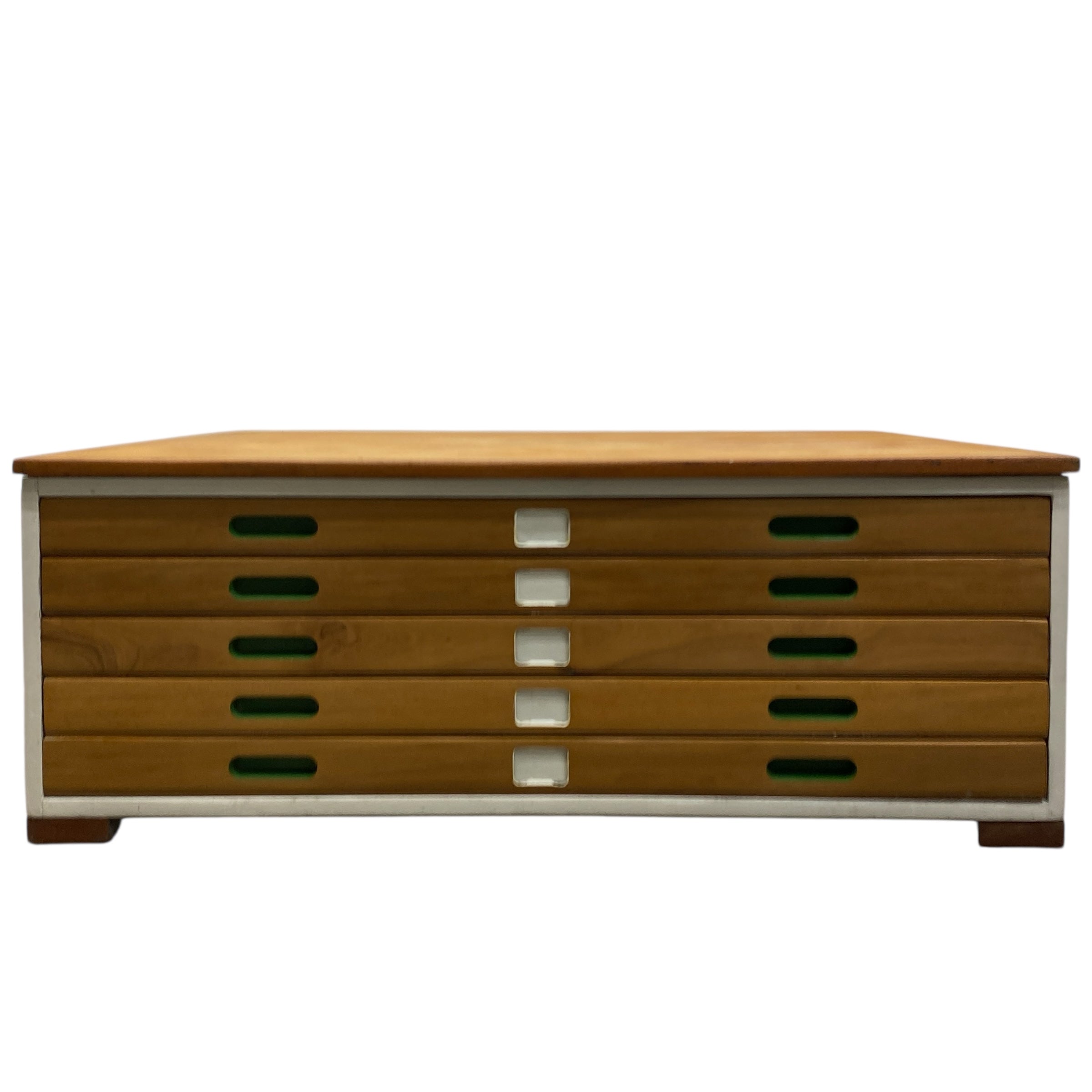 Wooden drawer unit with multiple drawers on a white background
