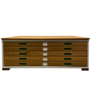 Wooden drawer unit with multiple drawers on a white background