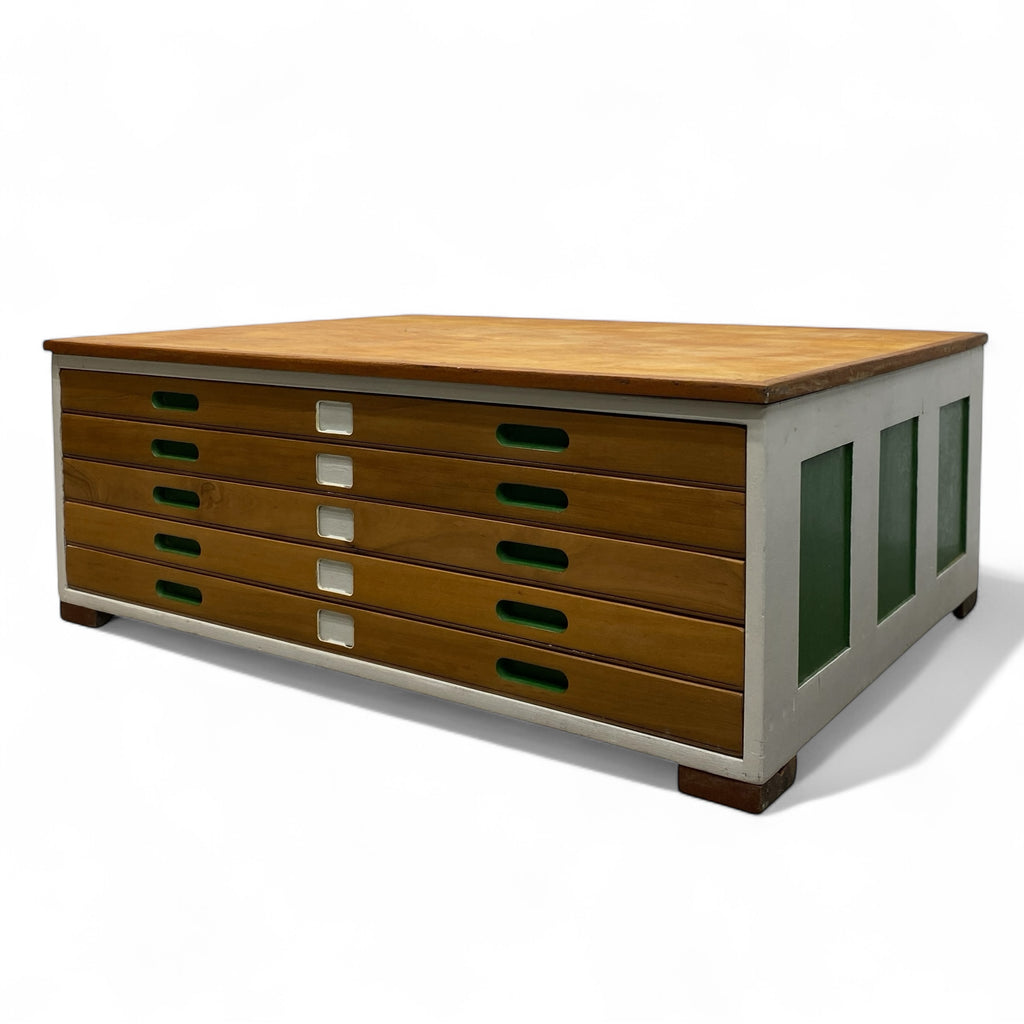 Wooden storage unit with multiple drawers on a white background