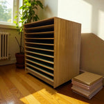 Load image into Gallery viewer, Wooden PLAN CHEST with books and a plant in a room with natural light
