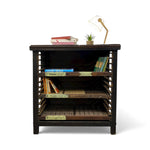 Load image into Gallery viewer, Wooden bookshelf with books and a lamp on a white background
