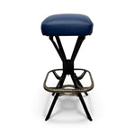 Load image into Gallery viewer, Bar stool with blue cushioned seat and black metal frame on a white background
