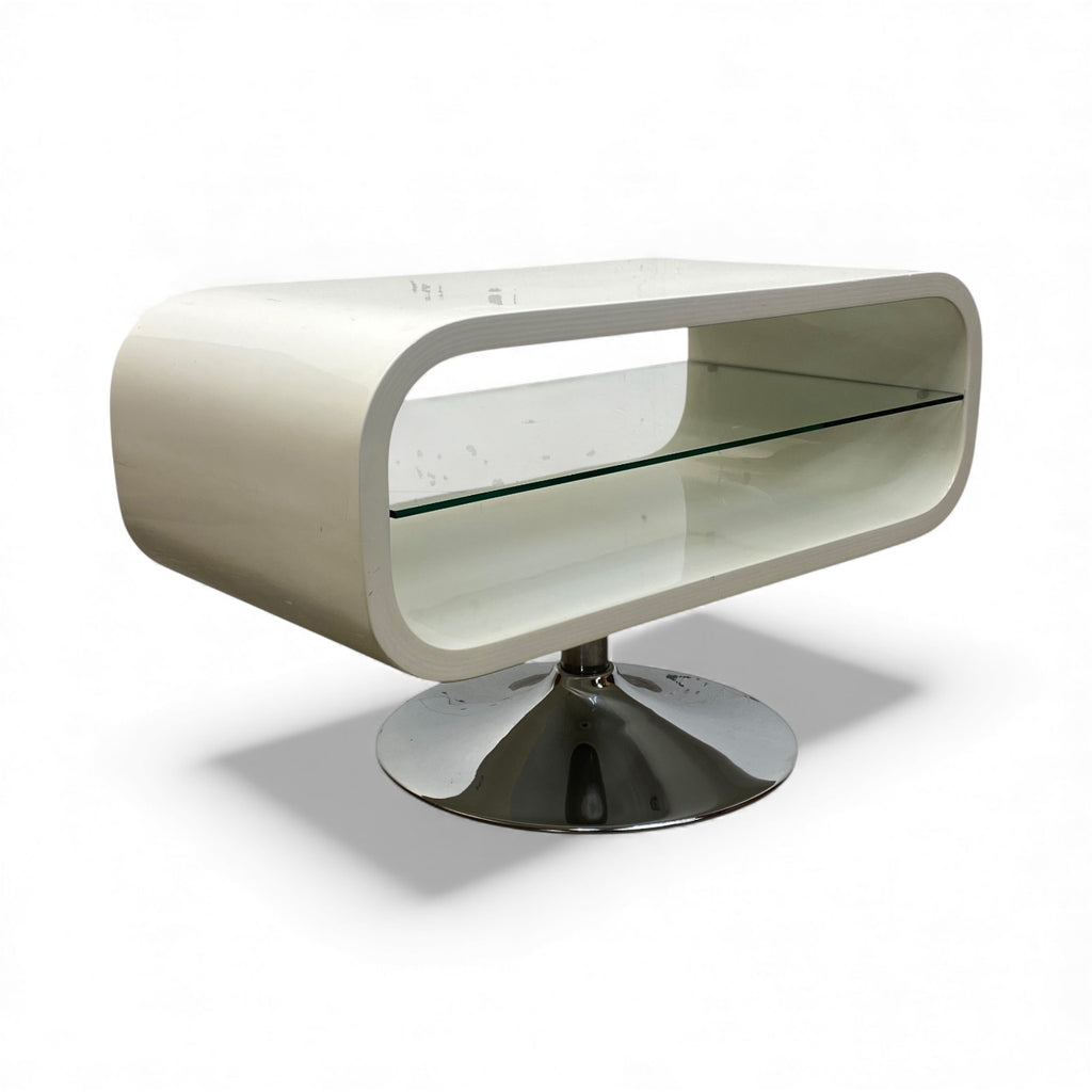Modern MEDIA UNIT with curved design and glass top on a white background