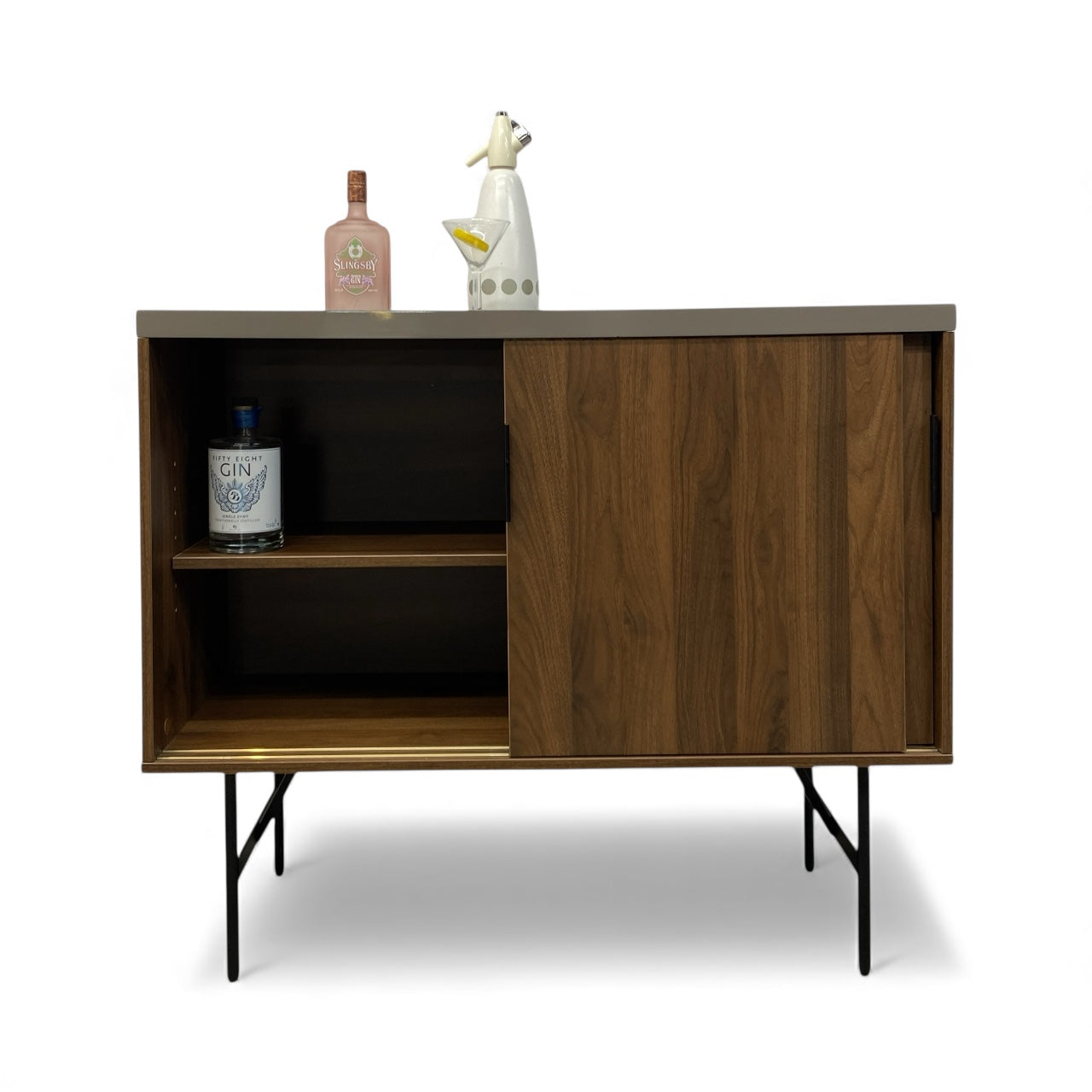Wooden sideboard with a shelf and a door on a white background