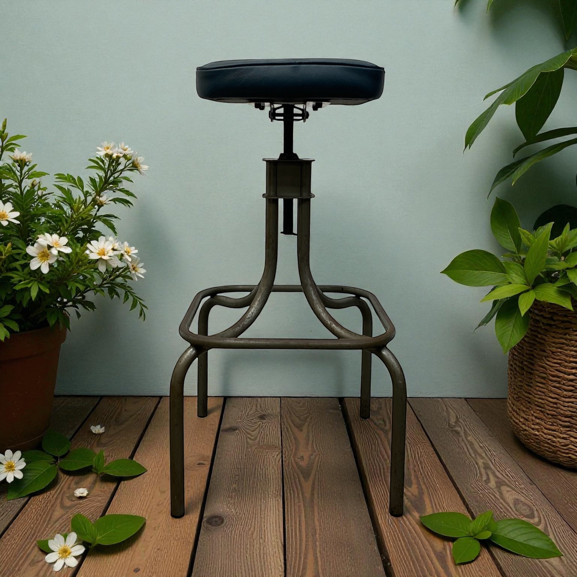 Vintage-style stool with black seat on a wooden floor with plants
